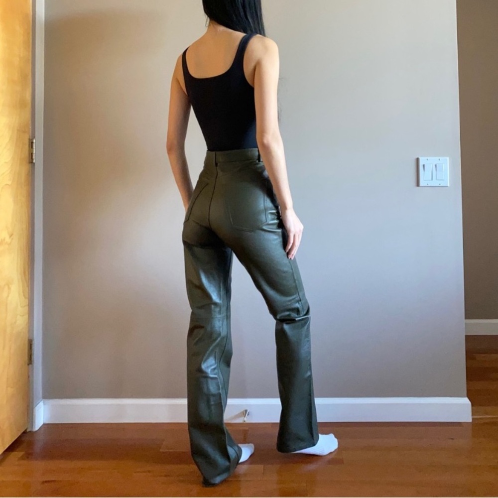 Zara limited edition leather straight leg pants olive green - Picture 5 of 16